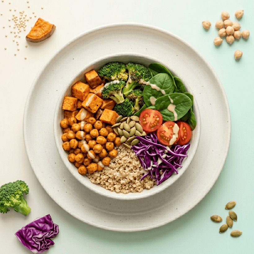 Buddha bowl quinoa, pois chiches, légumes rôtis
