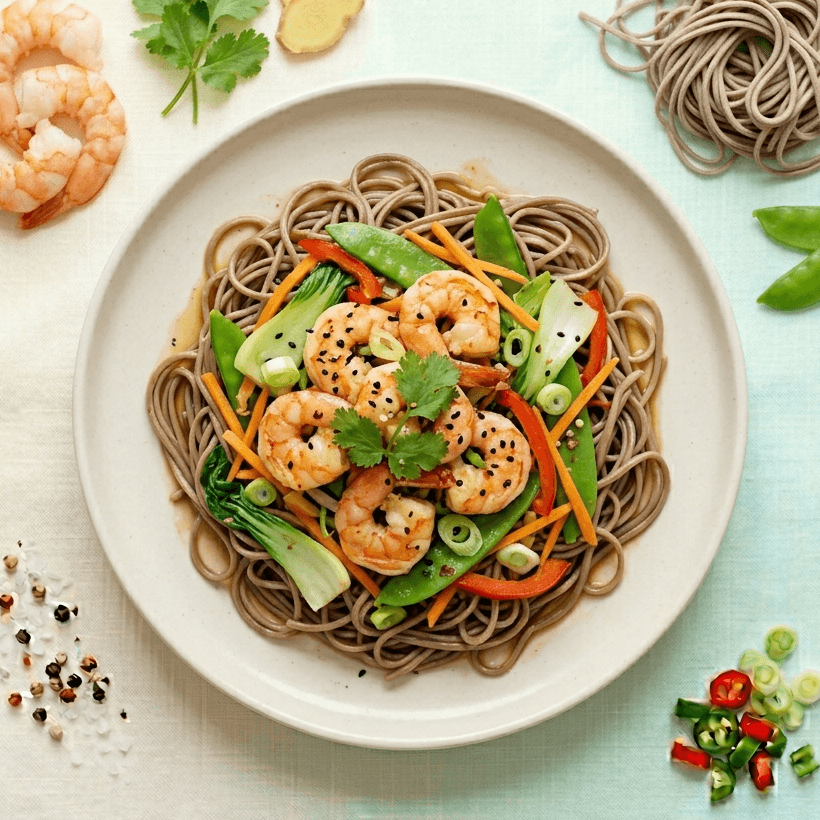 Crevettes sautées, nouilles soba et légumes