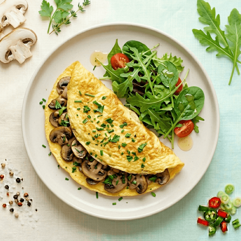 Omelette aux champignons et salade verte