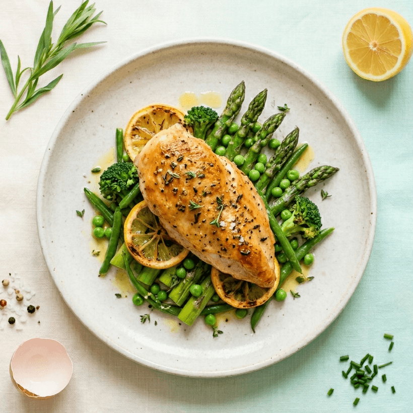 Poulet rôti au citron et légumes verts