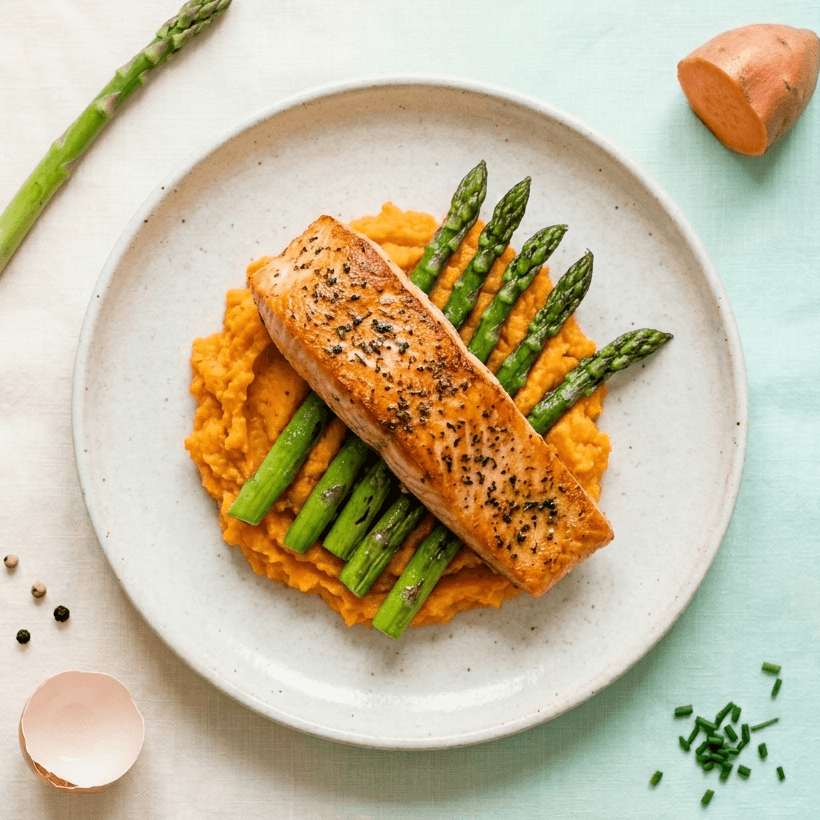 Saumon rôti, écrasé de patate douce et asperges