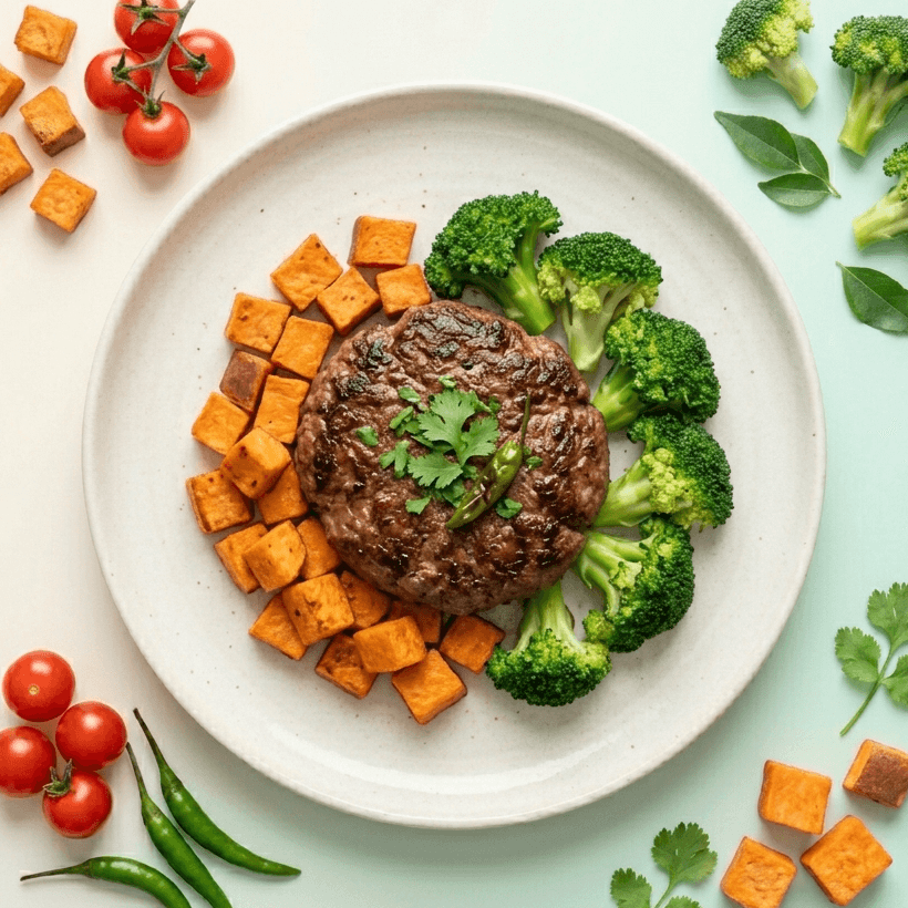 Steak haché, patate douce et brocoli