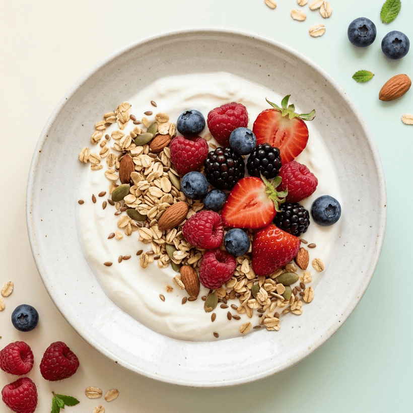 Yaourt grec, granola et fruits rouges